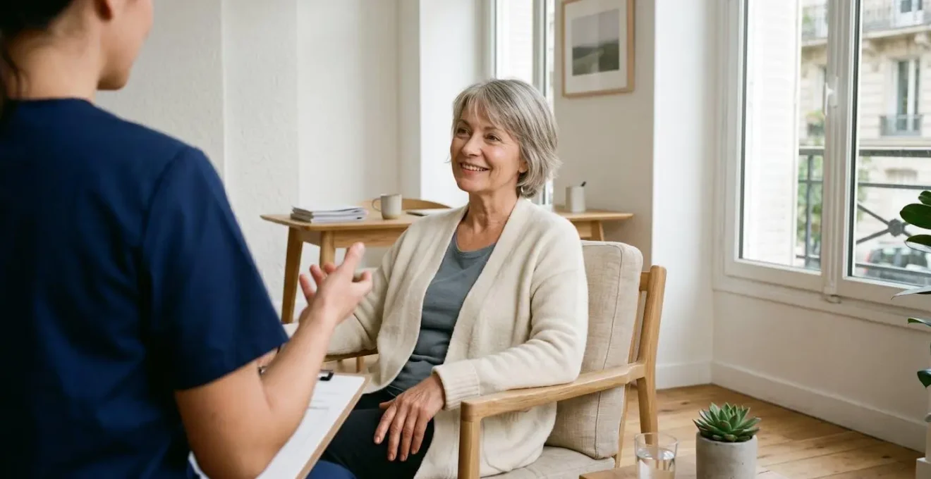 Patiente souriante lors d'une consultation de suivi post-opératoire dans un cabinet médical parisien, visage lumineux traduisant la satisfaction du résultat à distance de l'intervention