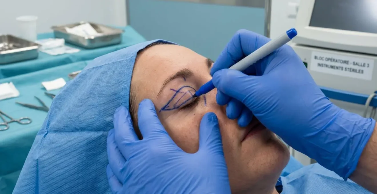 Préparation pré-opératoire pour blépharoplastie dans un bloc opératoire certifié, chirurgien traçant les repères chirurgicaux sur la paupière supérieure d'une patiente